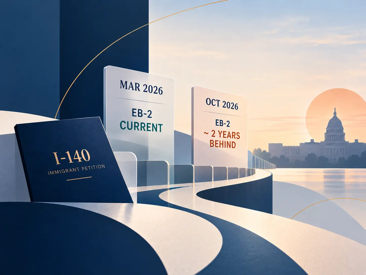 Illustration of an I-140 petition in front of signs showing EB-2 current in March 2026 and nearly two years behind in October 2026, beside the United States Capitol