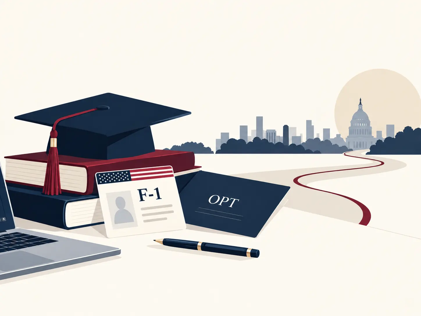 Illustration of a graduation cap on books beside an F-1 card, an OPT document, a laptop, and a path toward the United States Capitol