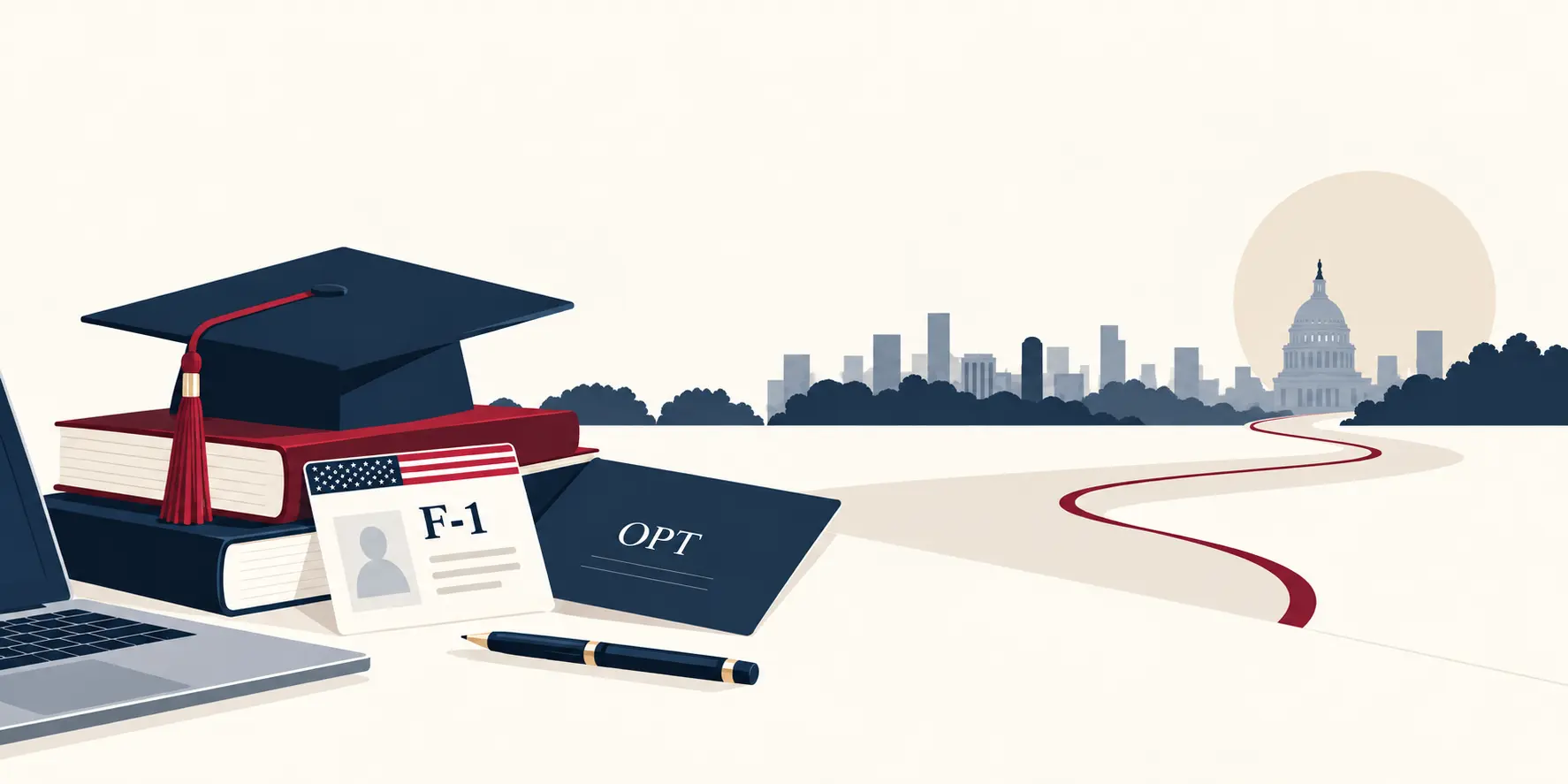 Ilustración de un birrete sobre libros junto a una tarjeta F-1, un documento OPT, una computadora portátil y un camino hacia el Capitolio de Estados Unidos