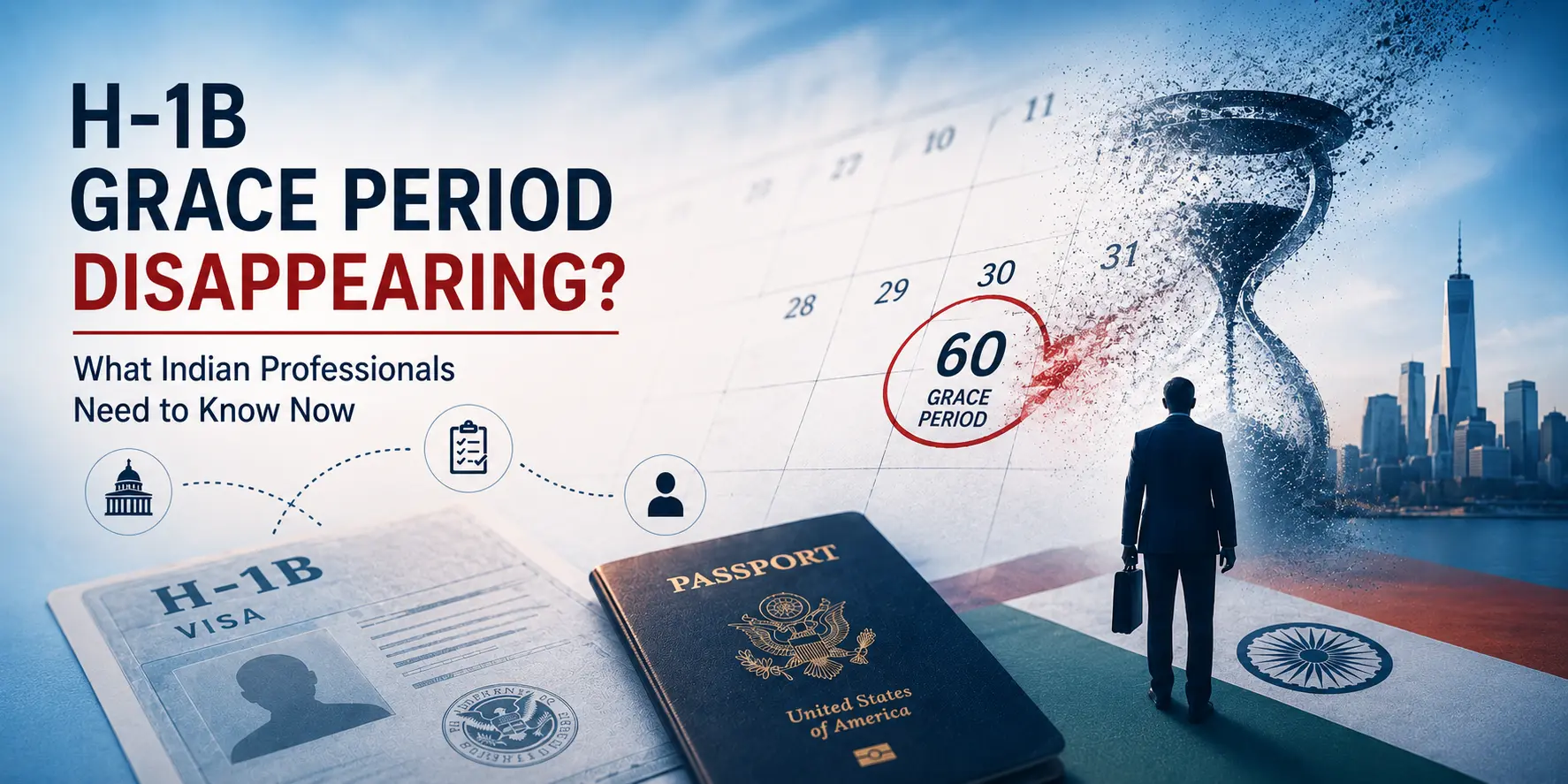 Artwork asking whether the H-1B grace period is disappearing, with a 60-day calendar, hourglass, passport, visa document, and Indian and U.S. imagery