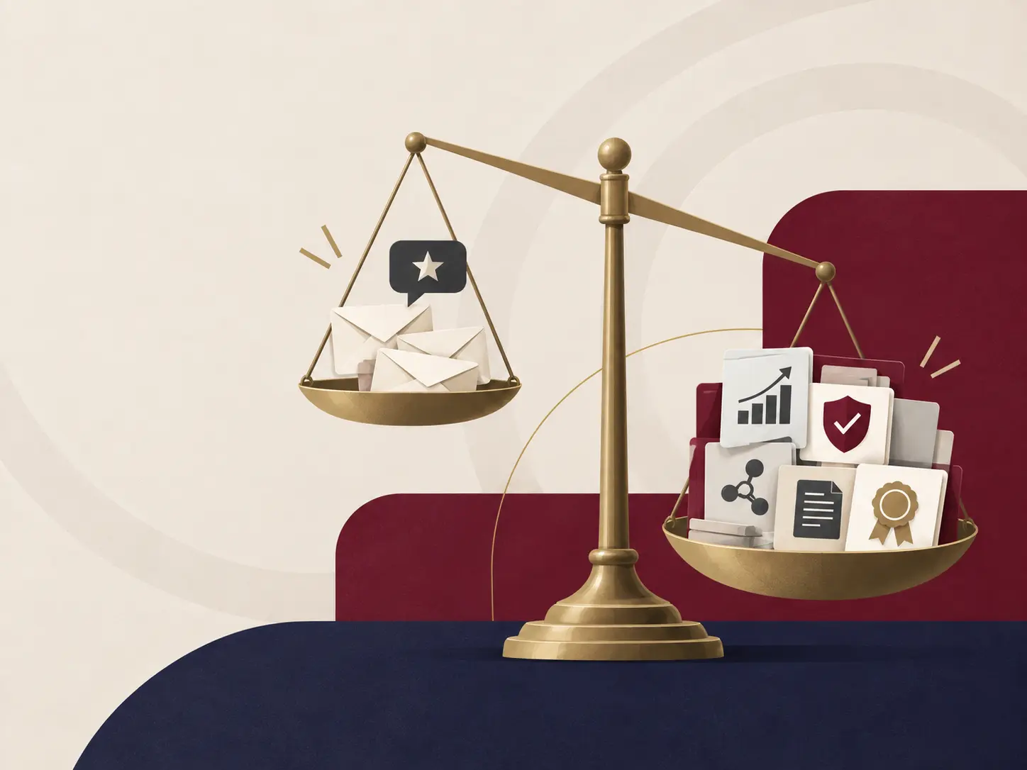Balanza dorada que compara cartas de recomendación con evidencia objetiva representada por métricas, documentos, redes y reconocimientos