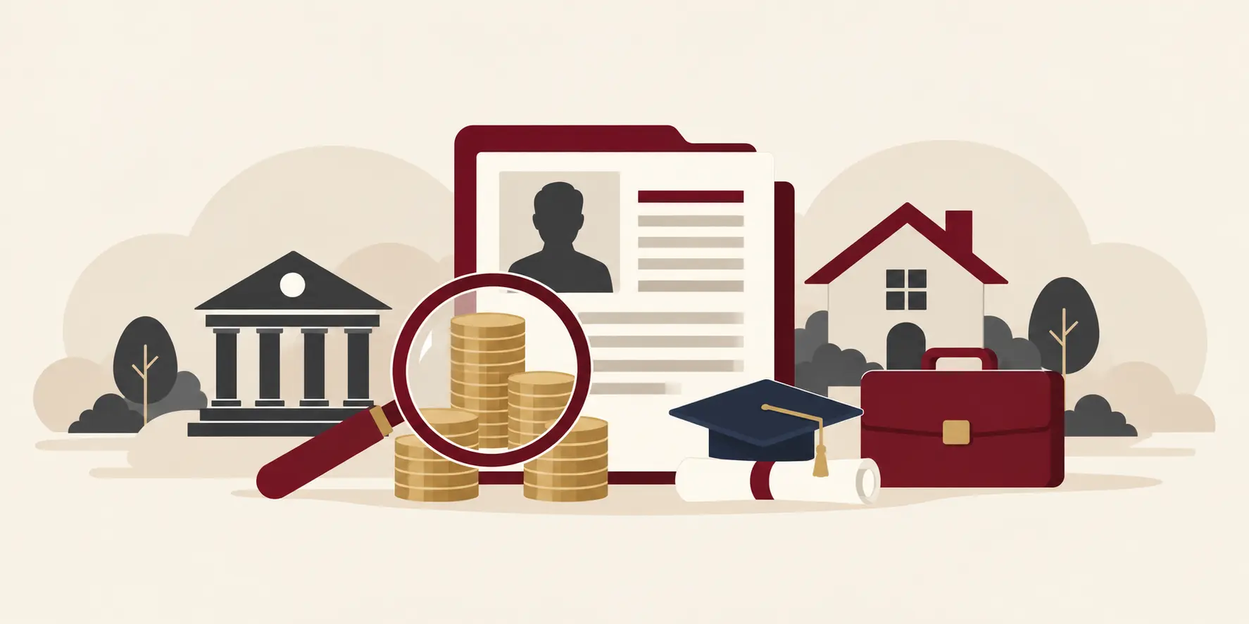 Illustration of a profile document, columned building, house, magnifying glass over coins, graduation cap, and briefcase