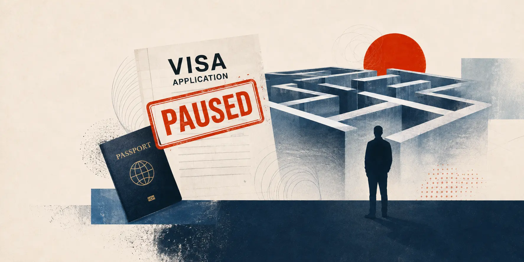 Solicitud de visa marcada como pausada junto a un pasaporte y un laberinto, con la silueta de una persona