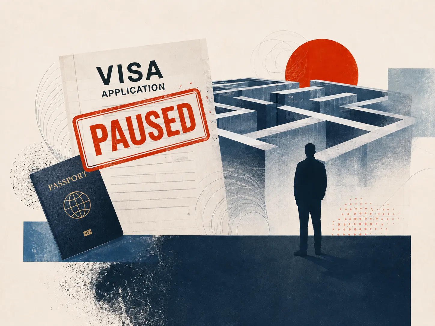Solicitud de visa marcada como pausada junto a un pasaporte y un laberinto, con la silueta de una persona